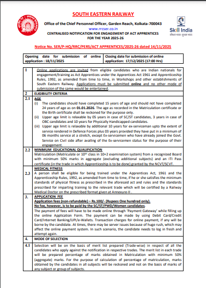 RRC South Eastern Railway Apprentice Vacancy 2025