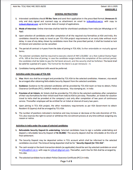 TCIL KSA Project Vacancy 2025