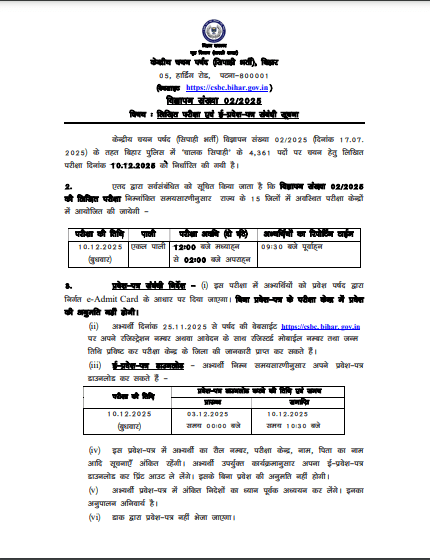 Bihar Police Driver Admit Card 2025