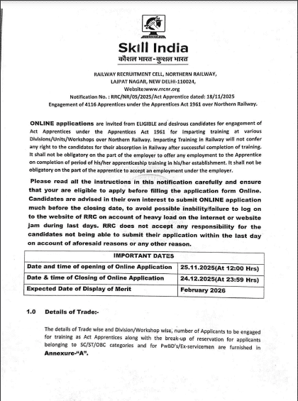 RRC NR Apprentice Vacancy 2025