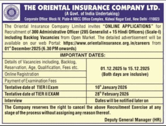 OICL Administrative Officers (AO) Vacancy 2025