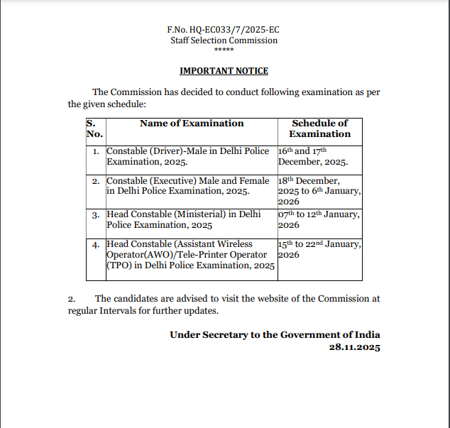Delhi Police Constable Driver Exam Date 2025