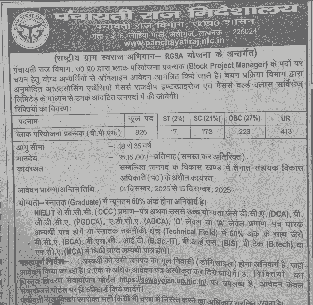 UP Panchayati Raj Block Project Manager Vacancy 2025