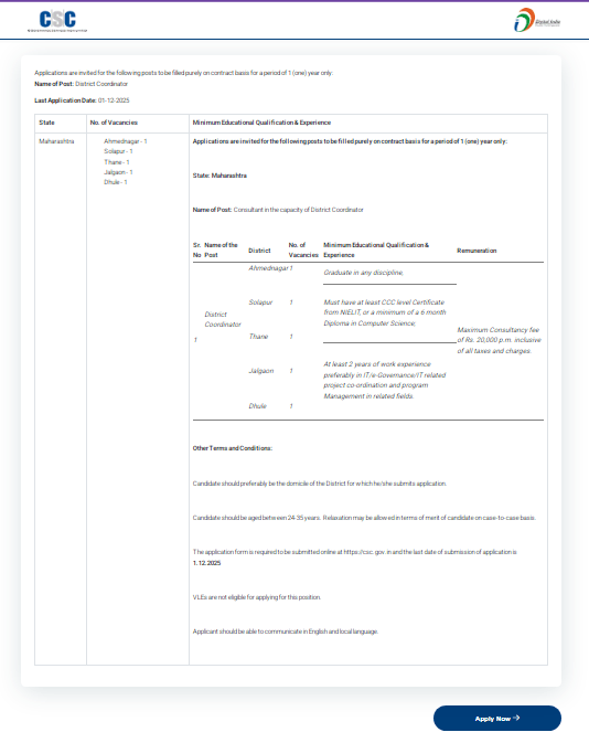 CSC District Coordinator Vacancy 2025