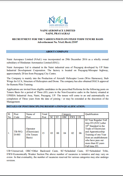 Naini Aerospace Limited Recruitment 2025