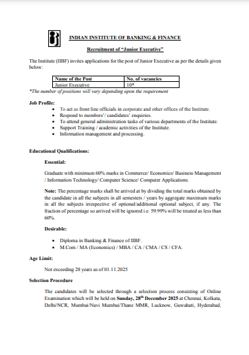 IIBF Junior Executive Recruitment 2025