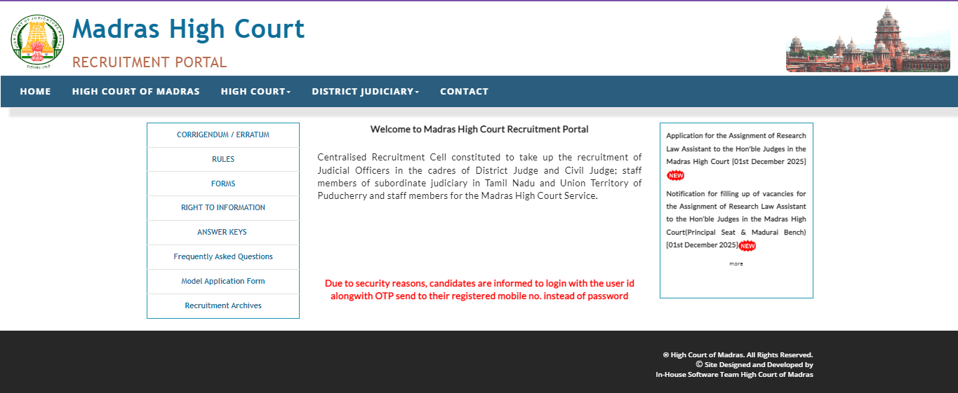 Madras High Court Law Clerk Vacancy 2025