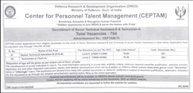 DRDO CEPTAM 11 Vacancy 2025