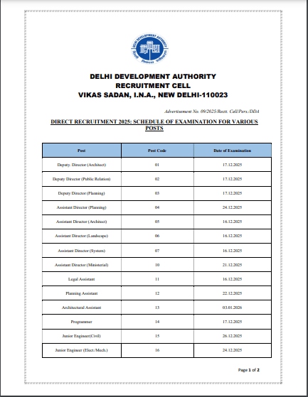 DDA Group A, B & C Exam Date 2025