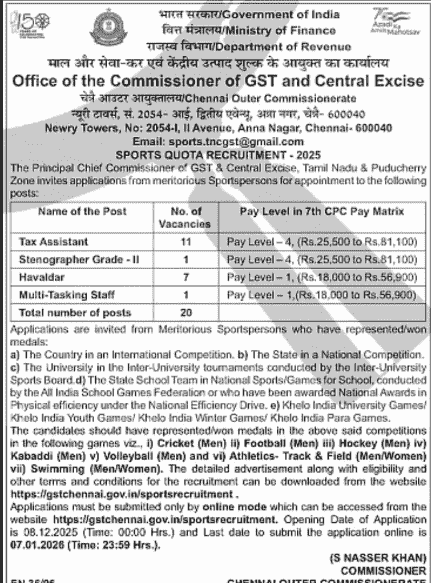 GST Chennai Sports Quota Vacancy 2025