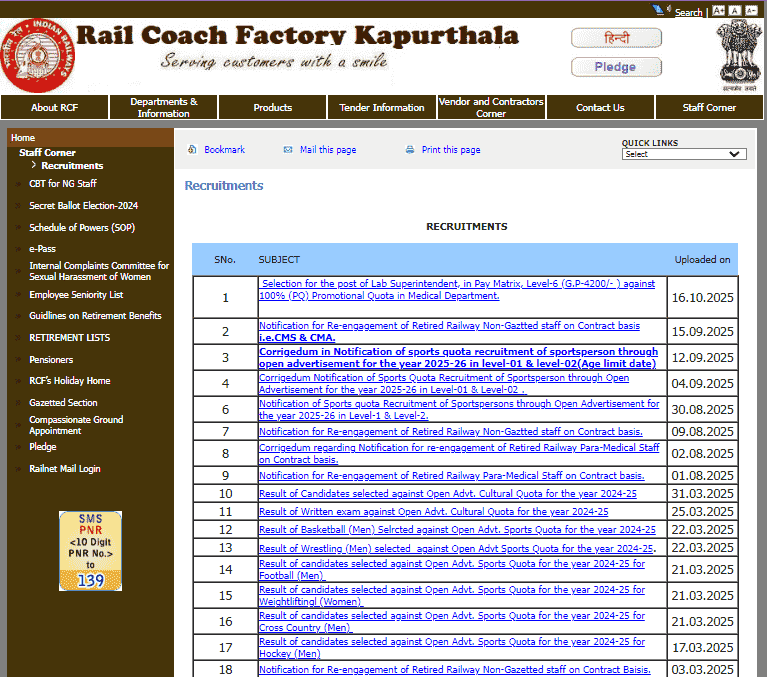 Rail Coach Factory Kapurthala Vacancy 2025