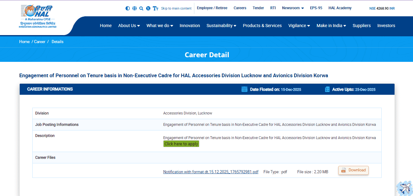HAL Operator Vacancy 2025