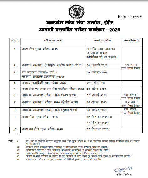MPPSC Exam Calendar 2025