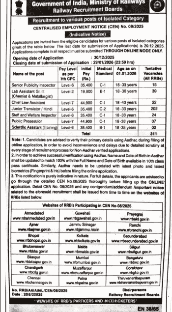RRB Isolated Category Recruitment 2026