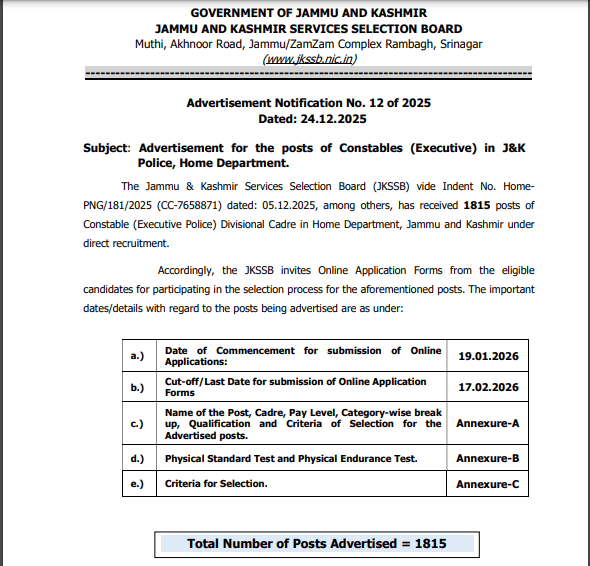 JKSSB Constables ( Executive ) Recruitment 2026