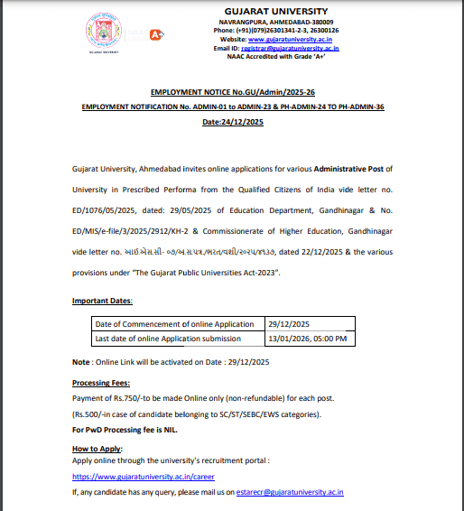 Gujarat University Administrative Posts Recruitment 2026