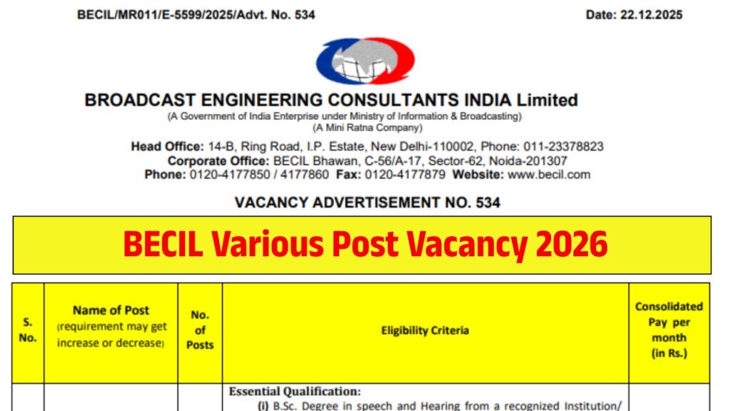 BECIL Various Post Vacancy 2026