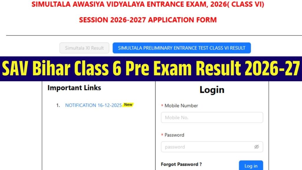 SAV Bihar Class 6 Pre Exam Result 2026-27