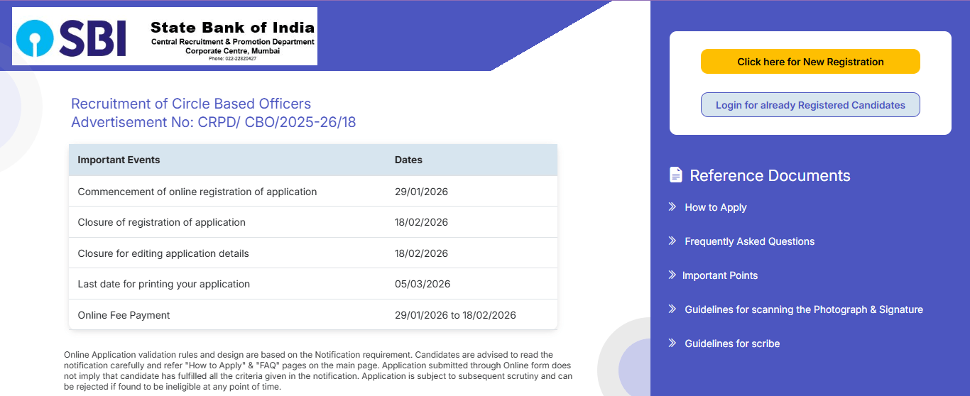 SBI Circle Based Officers CBO Online Form 2026