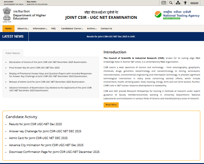 CSIR UGC NET December Result 2025