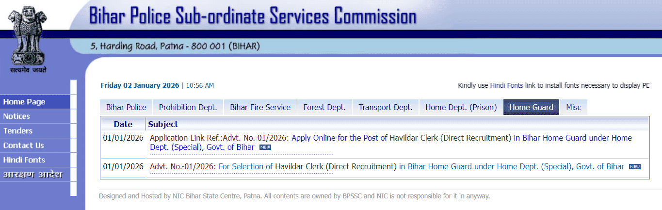 Bihar Police BPSSC Havildar Clerk Recruitment 2026