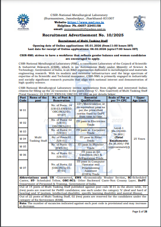 CSIR NML MTS Vacancy 2026