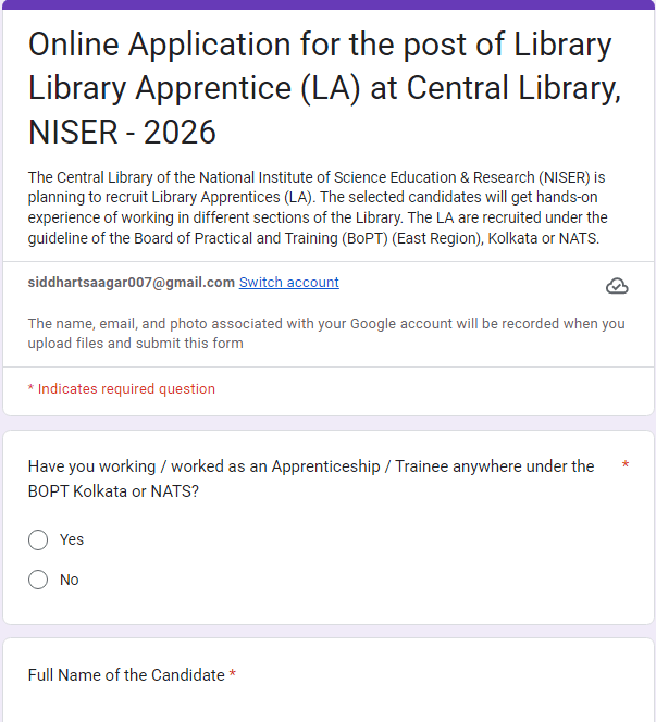 NISER Bhubaneswar Library Apprentice Recruitment 2026