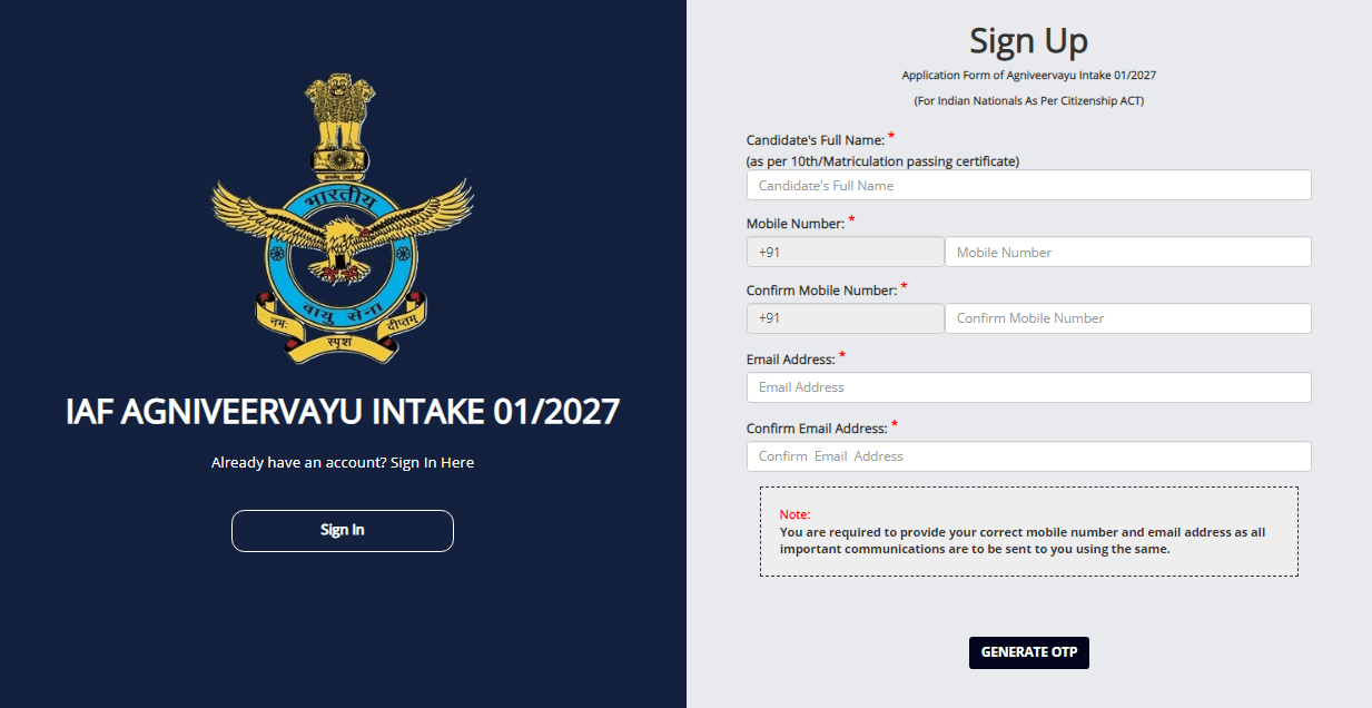 Air Force Agniveervayu Online Form 2026