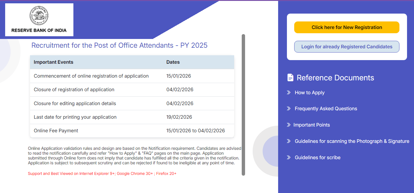 RBI Office Attendant Online Form 2026