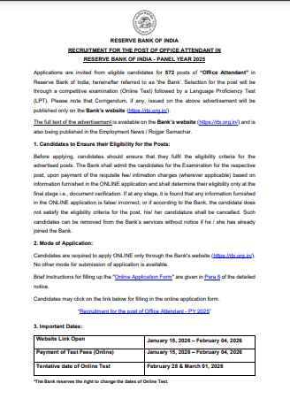RBI Office Attendant Online Form 2026