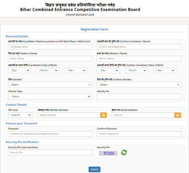BCECE Junior Resident Online Form 2026