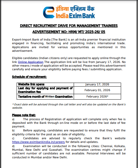 India Exim Bank MT Online Form 2026