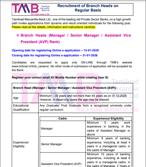TMB Branch Head Recruitment 2026