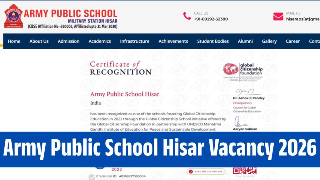 Army Public School Hisar Vacancy 2026