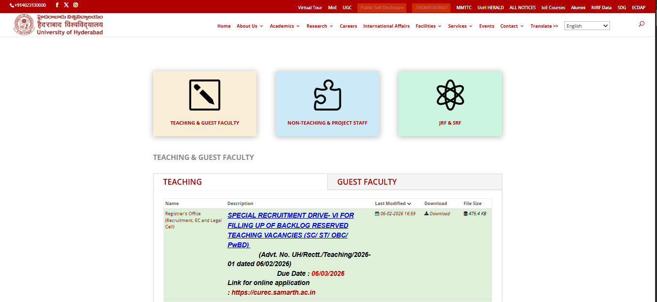 Hyderabad University Teaching Faculty Recruitment 2026