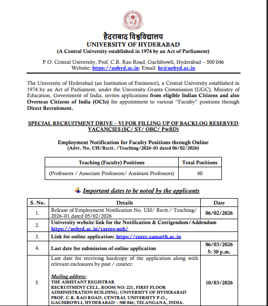 Hyderabad University Teaching Faculty Recruitment 2026