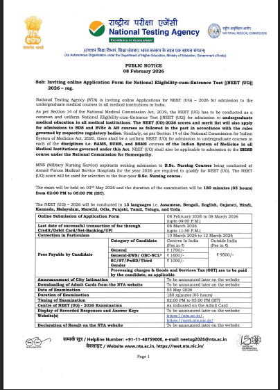 NTA NEET UG Admissions 2026