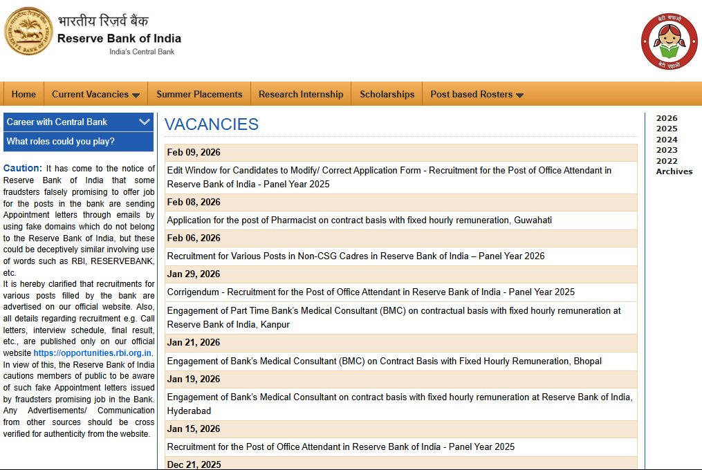 RBI Office Attendant Application Correction Online 2026