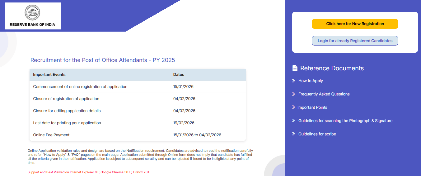 RBI Office Attendant Application Correction Online 2026