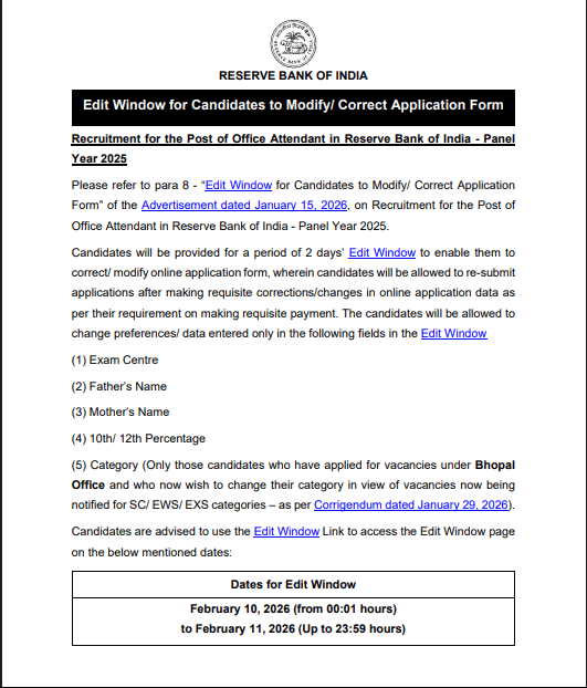 RBI Office Attendant Application Correction Online 2026