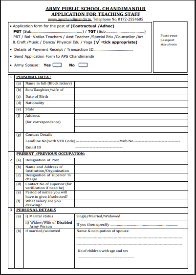 Chandimandir Army Public School Recruitment 2026