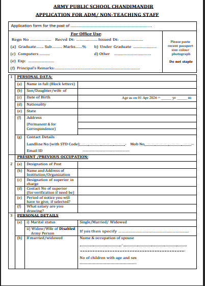Chandimandir Army Public School Recruitment 2026