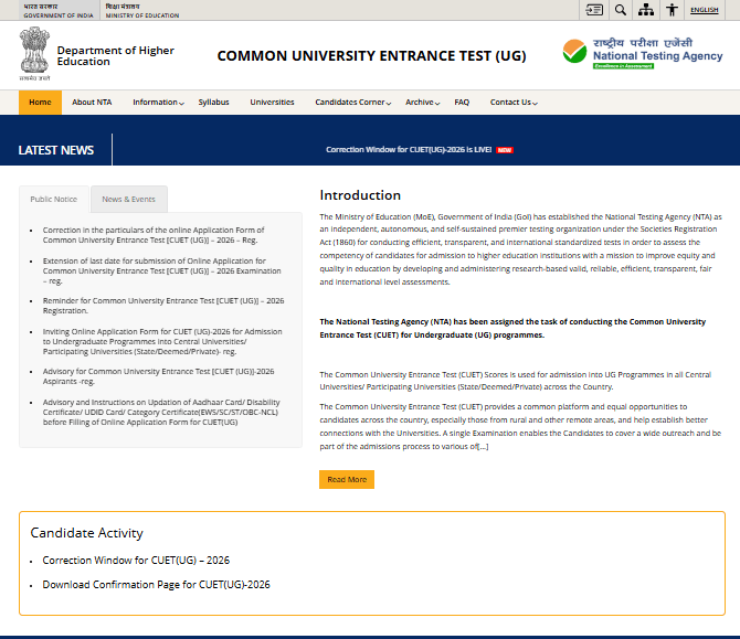 CUET UG Correction Online 2026
