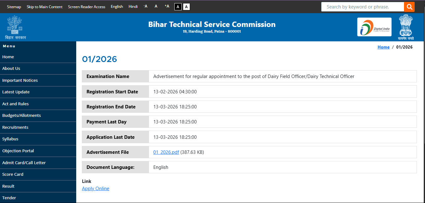 BTSC Dairy Field Officer Online Form 2026