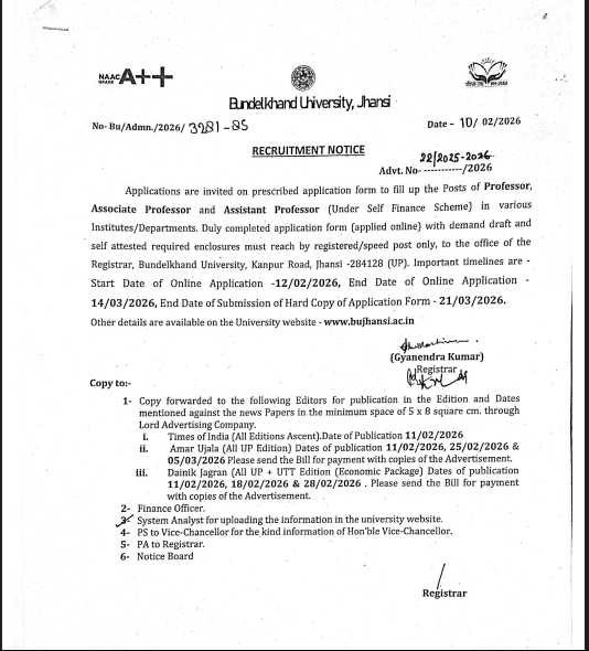 Bundelkhand University Teaching Faculty Vacancy 2026