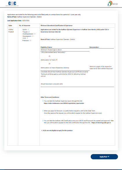 Aadhaar Operator Supervisor Vacancy 2026