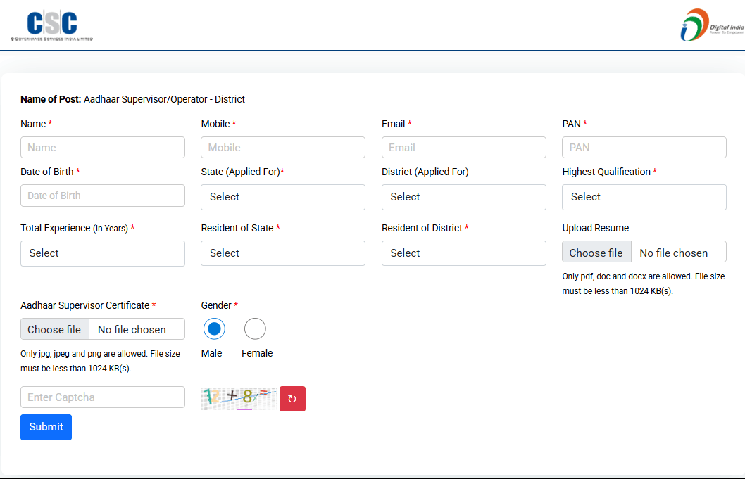 Aadhaar Operator Supervisor Vacancy 2026