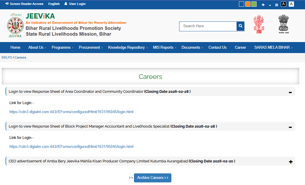 Bihar Jeevika All Posts Responce Sheet 2026