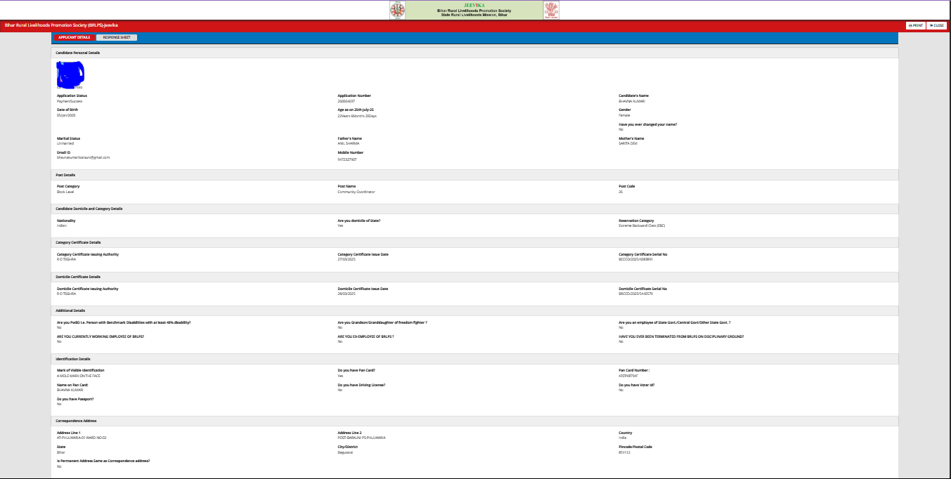 Bihar Jeevika All Posts Responce Sheet 2026