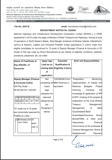 NHIDCL Deputy Manager Recruitment 2026